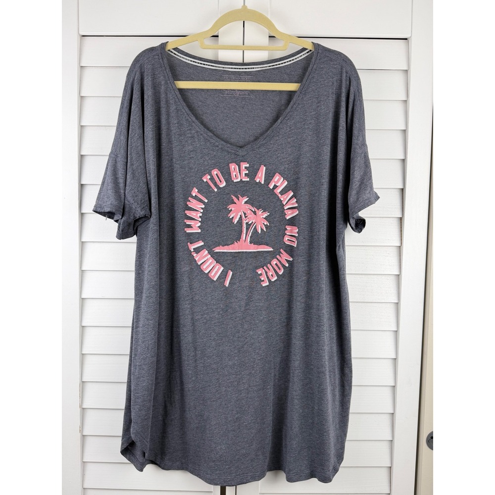 Victoria's Secret Graphic Tee XL Gray Playa Palm Tree Oversized V-Neck